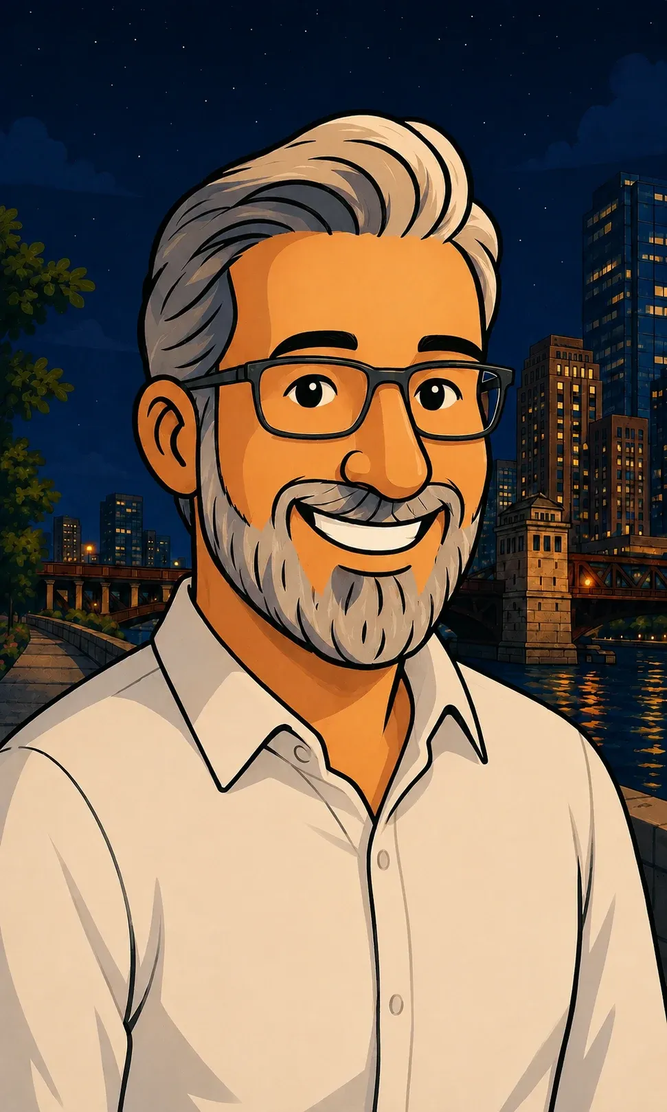 The same portrait of Matt beside the Chicago River at night