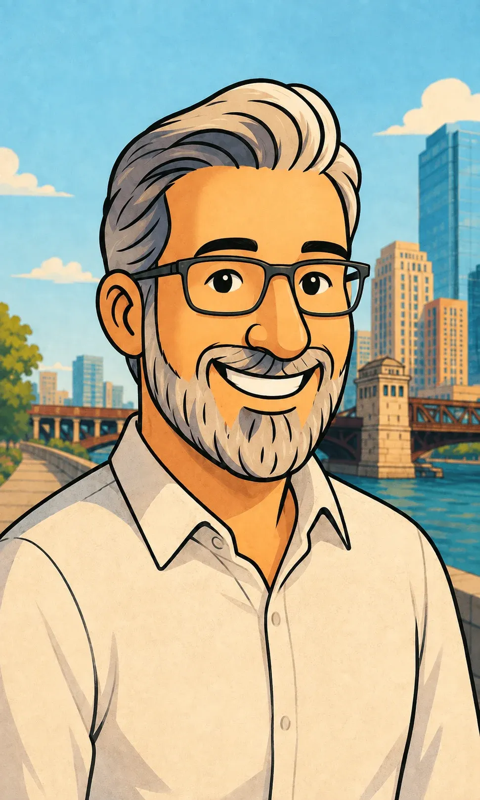 Illustrated Matt with swept silver hair, a beard, and regular glasses, smiling beside the Chicago River in daylight