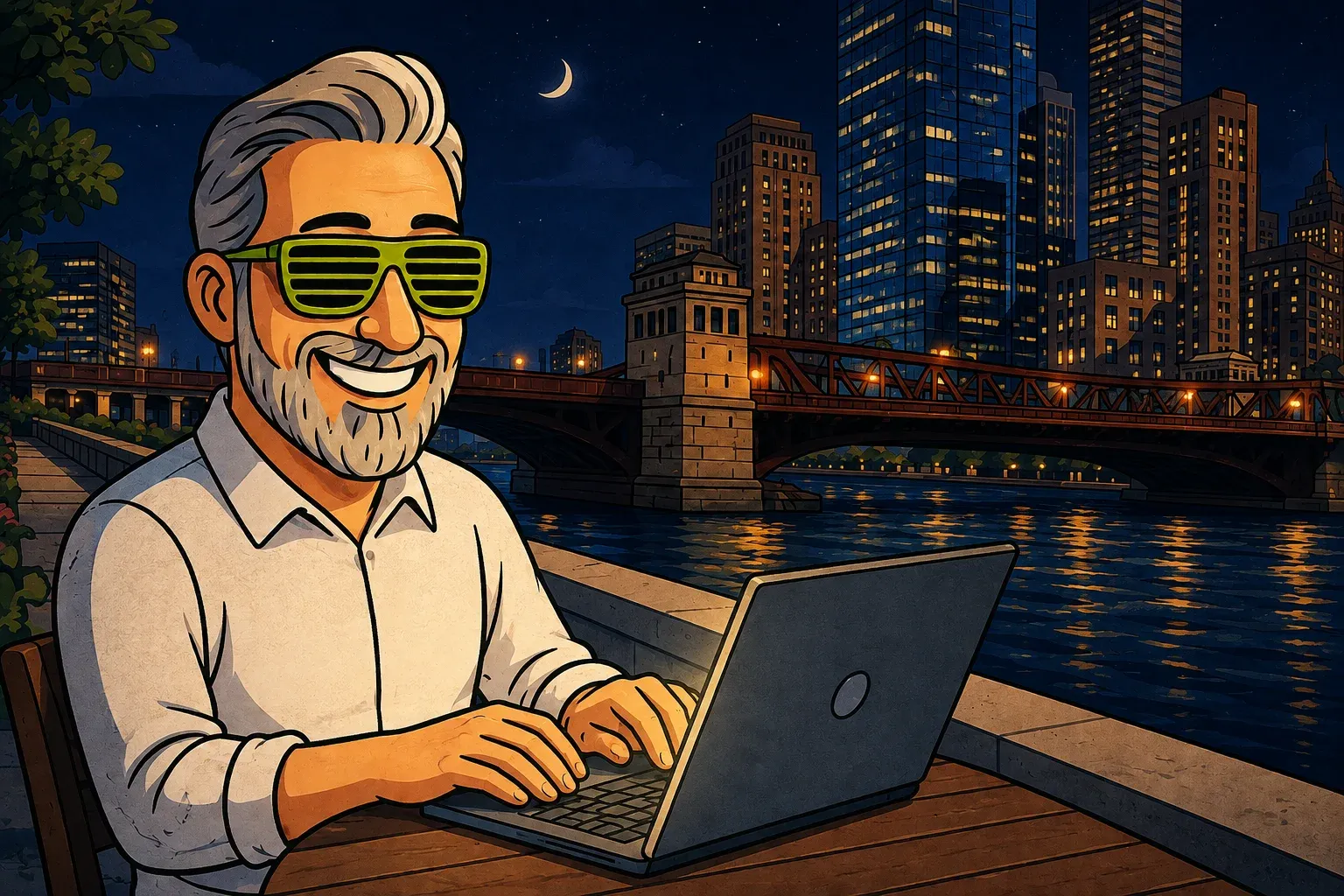 The same Chicago Riverwalk scene at night, with Matt’s laptop glowing