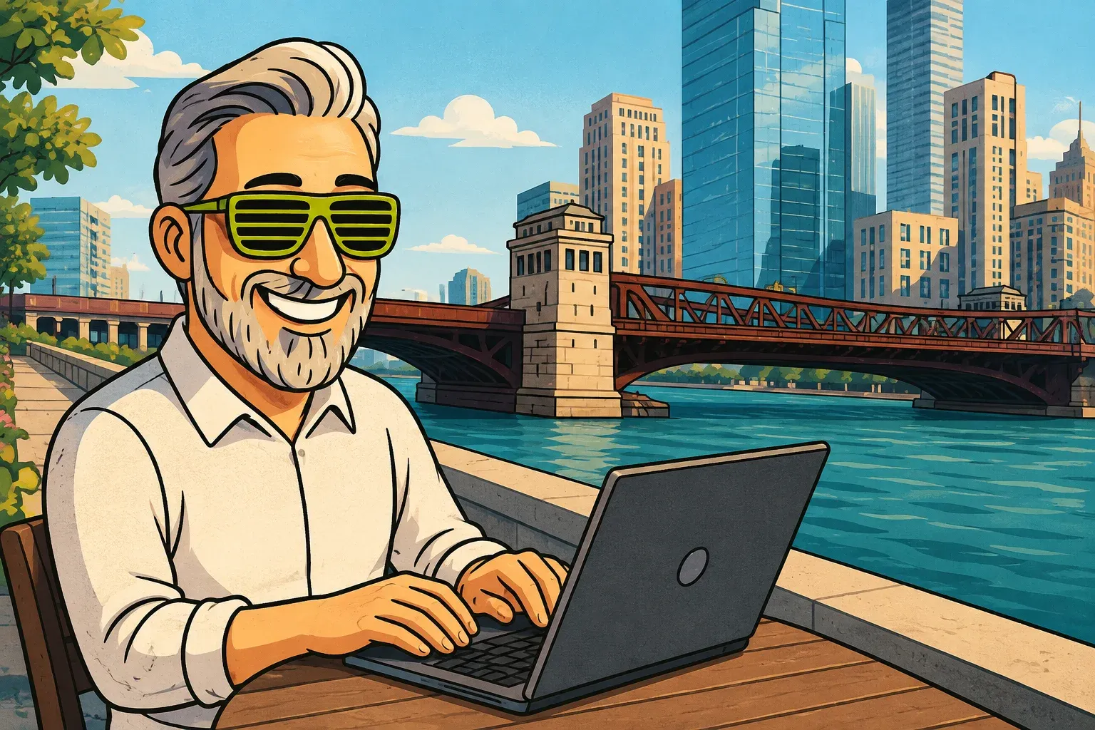 Illustrated Matt in lime shutter shades, working on a laptop beside the Chicago River in daylight
