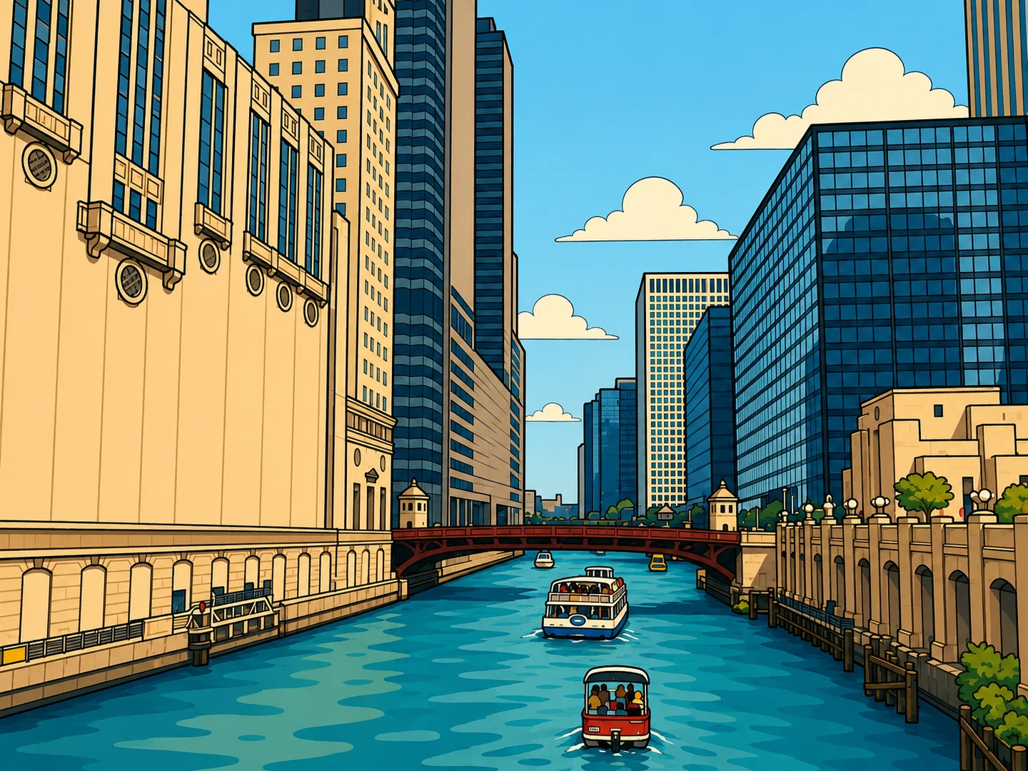 Illustrated view along the Chicago River, with the Civic Opera Building, downtown bridges, and boats