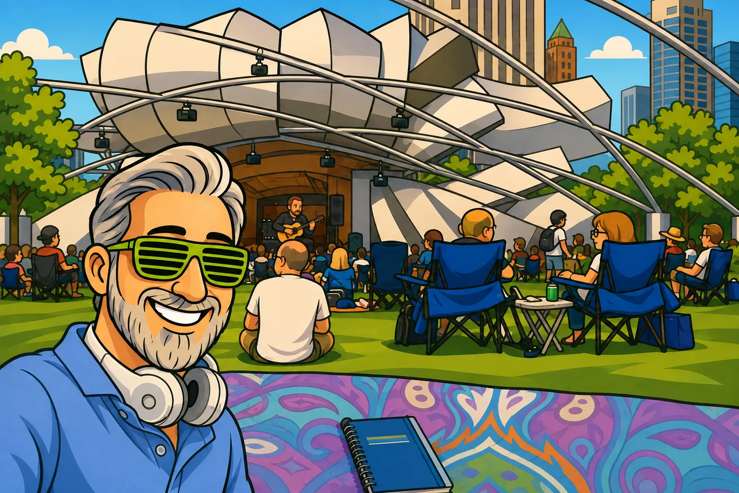 Cartoon Matt wearing lime shutter shades on a colorful picnic blanket at Chicago Jazz Fest, with the pavilion and lawn audience behind him
