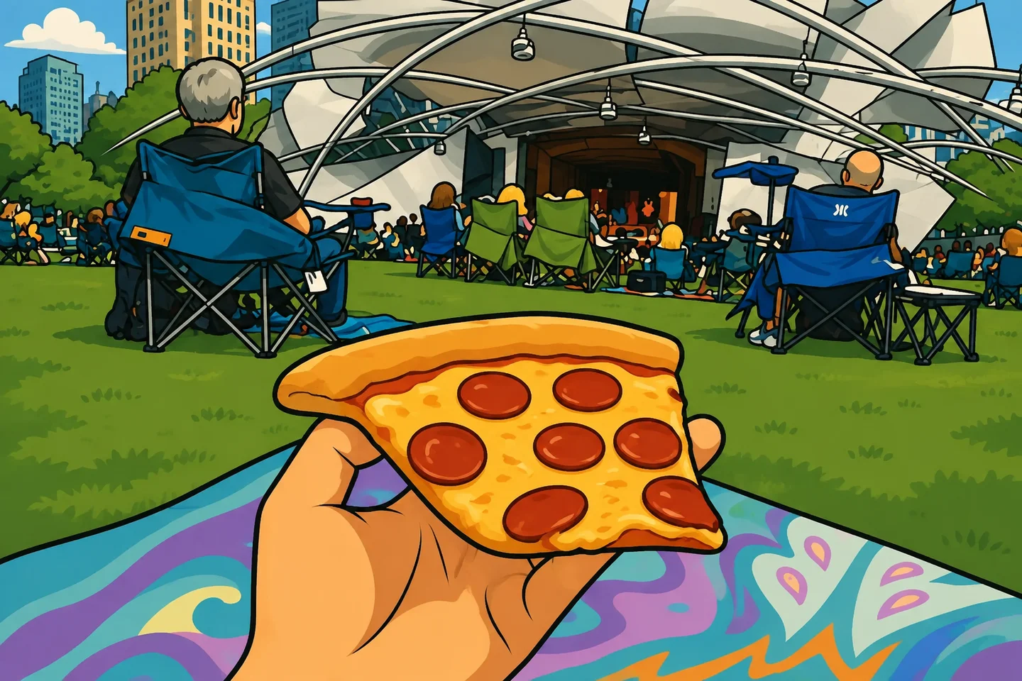 Illustration of a hand holding pepperoni pizza over a colorful blanket, with the Jazz Fest audience and pavilion in the background